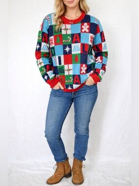 Aldi Gear Colorful Holiday Crewneck Sweater Patchwork Christmas Size L